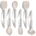 HaWare Kitchen Utensils Set, 6 Pcs Silicone Cooking Utensils with Stainless Steel Handle, Heat Resistant Kitchen Tools for Non-Stick Cookware, Ladle Turner Spoon Pasta Server, Dishwasher Safe - Khaki