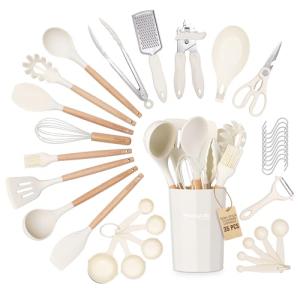 Kitchen Non Stick Cooking Utensils Set – Heat Resistant Silicone Utensils with Wooden Handle – Ladles, Spoons and Spatulas Set – Kitchen Tools & Accessories – 35pcs, Cream – by Nuovva