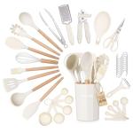 Kitchen Non Stick Cooking Utensils Set – Heat Resistant Silicone Utensils with Wooden Handle – Ladles, Spoons and Spatulas Set – Kitchen Tools & Accessories – 35pcs, Cream – by Nuovva