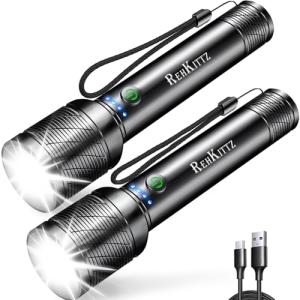 REHKITTZ Torch, LED Rechargeable Torches(Built-in Large Capacity Battery) 2200 Lumen Super Bright Flashlight with Power Display,Long Working Time,Aluminum Alloy,5 Light Modes,Zoomable Torch（2 Pack）