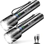 REHKITTZ Torch, LED Rechargeable Torches(Built-in Large Capacity Battery) 2200 Lumen Super Bright Flashlight with Power Display,Long Working Time,Aluminum Alloy,5 Light Modes,Zoomable Torch（2 Pack）