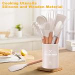 12 PCS Kitchen Utensil Set, Silicone Cooking Utensils with Holder, Natural Wooden Handle Cookware Tongs Spatula Spoon Set, Non Stick & Heat Resistant, Dishwasher Safe (Khaki)