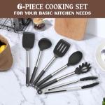 Onader Black Kitchen Utensils Set, 6 Pieces Silicone Cooking Utensils for Non-Stick Cookware, Heat Proof Kitchen Cooking Tools, Stainless Steel Handle & Dishwasher Safe