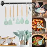 11 Pcs Silicone Cooking Kitchen Utensils Set,Non Stick Silicone Cooking Utensil Set ，Wooden Handle Heat Resistance，Cooking Stirring Tools (Green)