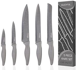 nuovva Professional Kitchen Knife Set – 5Pcs Stainless Steel Grey Granite Knife Set - Sharp & Non Stick Blades Lightweight – Chef, Bread, Utility, Filleting & Paring Tools