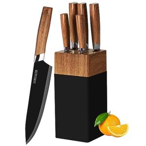 lapelux Kitchen Knife Set - 5 Piece Knife Set with Block, Wood Grain Handle, Stainless Steel Knivese with Chef, Bread, Slicer, Paring Knife for Cutting Meat/Vegetables/Fruit.