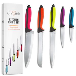 craverix All Purpose Professional Kitchen Knife Set, 5 Piece Sharp Kitchen Knives - Stainless Steel Blades with TPR Handles (Colored)- Pizza Bread Cheese, Gift Set
