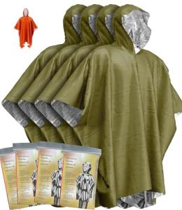 Kanuothbon Emergency Survival Poncho (4pc) Thermal Mylar Foil Coating Blanket for Heat Retention and Rain | Reversible with Hood | Waterproof, Windproof, Portable, Hands-free, Outdoor Kit