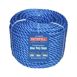 Faithfull Blue Poly Rope Coil - 8mm Dia x 30 Meters, Max Load 100kg, Breaking Strain 800kg