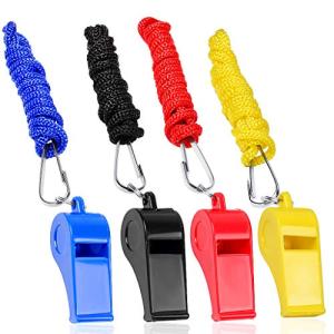 4 Packs Plastic Whistles With Lanyard Set For Coach Referee Sports Match Survival Emergency 4 Colors Black Blue Yellow Red