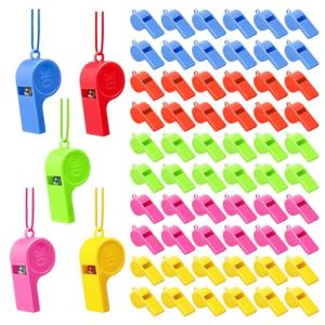 60Pcs Loud Crisp Sound Whistle, Plastic Coach Whistles with Adjustable Lanyard, 5 Colorful Sport Events Whistles, Sturdy Children Referee Whistles, Emergency Training Whistle for Officials Teachers