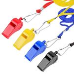 4 Packs Plastic Whistles With Lanyard Set For Coach Referee Sports Match Survival Emergency 4 Colors Black Blue Yellow Red