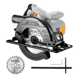 Circular Saw 1200W: DEKOPRO High-Power Saw with 165mm 24T Blade, 4800 RPM, Max Cut Depth 55mm (90°), 33mm (45°), Heavy-Duty Steel Base, Includes Guide Rai, Power Saw for Wood, PVC
