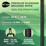 TECEUM Rope – 6mm & 10 mm – 27.5M | 46M– Strong All-Purpose Utility Rope – Camping, Crafting, Flag Pole, Indoor & Outdoor – Polypropylene Nylon Poly Lightweight Diamond Braided Cord – Black