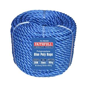 Faithfull Blue Poly Rope Coil - 6mm Dia x 30 Meters, Max Load 60kg, Breaking Strain 500kg