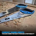 OX Pro Toolbox Hand Saw 350mm, Compact & Portable, Double Ground Hardened Steel Blade, 15 TPI for Superfast Cuts, Ergonomic Soft Grip Handle, Built-in Angle Guides, OX-P135635