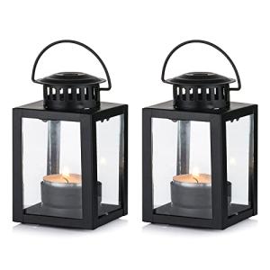 Nuptio Lanterns for Candles Garden Lanterns, 2 Pcs Vintage Style Hanging Small Lanterns for Tealight Candle, Black Candle Tea Light Holders for Indoor Outdoor Events Birthday Party Wedding