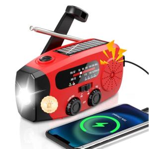 Wind Up Solar Radio, Emergency Radio, Portable Hand Crank Radio, AM/FM Radio with LED Torch, 7400mWh Rechargeable Power Bank, SOS Alarm, USB Phone Charger, Emergency Use for Camping Hiking (Red)