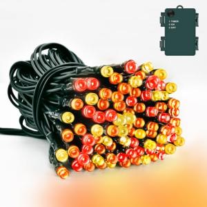Dalugo Christmas Lights Red Orange Yellow, 5M 50 LED Battery Operated Fireplace Lights with Timer, IP65 Waterproof Indoor Outdoor Battery Fairy Lights for Christmas Decorations(Green Wire)