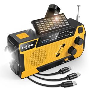 Wind Up Solar Radio, 7400mWh (2000mAh) Solar Powered Radio Emergency Hand Crank Radio with 3 Built-in Cables, Battery Operated, SOS Alarm & Flashlight, Emergency wind up torch for Hurricane, Emergency