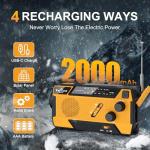 Wind Up Solar Radio, 7400mWh (2000mAh) Solar Powered Radio Emergency Hand Crank Radio with 3 Built-in Cables, Battery Operated, SOS Alarm & Flashlight, Emergency wind up torch for Hurricane, Emergency
