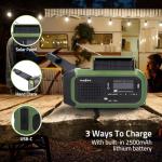 NEDIS Portable Emergency DAB+/FM Wind Up Radio with Solar Panel & Hand Crank, with 2500mAh Rechargeable USB Power Bank, LED Torch & SOS Alarm, for Camping, Hiking & Outdoor