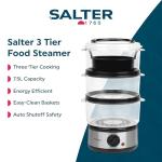 Salter 3 Tier Electric Food Steamer - 7.5L, Stackable Steaming Baskets, Dishwasher Safe, BPA Free Includes Rice Bowl, 60 Minute Timer, Compact Storage, Healthy Cooking Vegetables & Fish, 500W