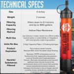 5 High Capacity Emergency Survival Water Straws - Personal Water Filter for Camping, Hiking, Travel, Biking, Survival, Emergency preparedness, Lightweight, Reusable and with no Expiration Date. (5)