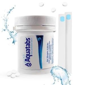 Aquatabs Water Purification Tablets for Drinking - 100 Tablets + 2 Chlorine Test Strips - Water Purifier Starter Kit - for Boat and RV Tanks - by Aquamarine Water Solutions