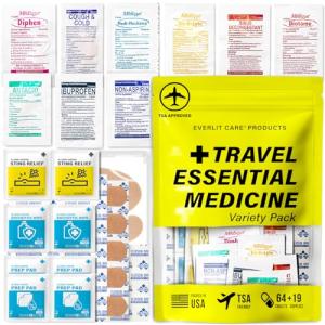 EVERLIT CARE Travel Essential Medicine First Aid Kit I Bonus Medical Supplies I TSA Compliant Mini Size Medkit for Traveling Camping Trips Individually Packed 64 Tablets (Refill Pack)