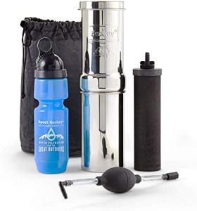 Go Water Filter Kit with 1 Qt. Berkey Gravity Fed Water Filter System, Sport Bottle and Black Primer