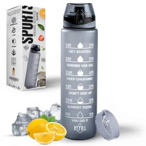 Roe Tenpo Water Bottle 1L, Sports Water Bottle with Time Markings, BPA-Free, Leak-Proof Drinks Bottle, Perfect for Running, Cycling, Gym, Yoga, Camping and Outdoor Activities, Grey