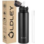 OLDLEY Stainless Steel Water Bottle with Straw 1L Vaccum Insulated Large Drink Flask Metal Water Bottles 1 Litre Leakproof Keep Drinks Hot Cold for Bike Sports Gym Adult Women Men(Black,1 Lid)