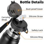 OLDLEY Stainless Steel Water Bottle with Straw 1L Vaccum Insulated Large Drink Flask Metal Water Bottles 1 Litre Leakproof Keep Drinks Hot Cold for Bike Sports Gym Adult Women Men(Black,1 Lid)