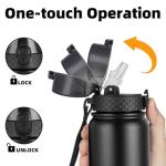 OLDLEY Stainless Steel Water Bottle with Straw 1L Vaccum Insulated Large Drink Flask Metal Water Bottles 1 Litre Leakproof Keep Drinks Hot Cold for Bike Sports Gym Adult Women Men(Black,1 Lid)