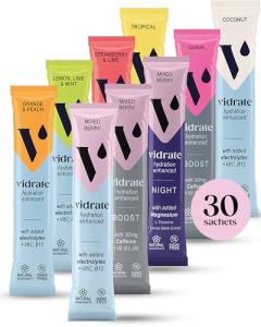 Vidrate Electrolytes Powder - Hydration Sachets Packed with Vitamins - Zero Sugar Rehydration Sachet, No Artificial Sweeteners & Preservatives - Mixed Berry Variety Pack, 30 Electrolytes Sachets