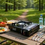 Taylor & Brown Black Portable Camping Stove with Cary Case & 4 Butane Gas | EN417 Compliant Premium Camping Stove Gas Portable | with Automatic Ignition & Heat Control