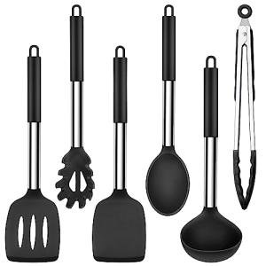 Herogo Kitchen Utensils Set, 6-Piece Silicone Cooking Utensil Set, Heat Resistant Stainless Steel Handle Cooking Tools, Non-Stick Silicone Spatula Turner Spoon Set, Easy to Clean - Black