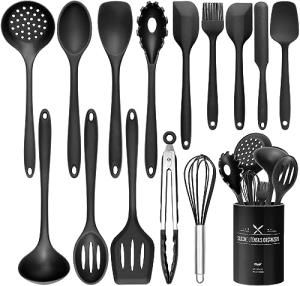 Wildone Silicone Kitchen Cooking Utensils Set, 15PCS Premium Spatula Set for Nonstick Cookware, Kitchen Tools Spatula Spoons Turner Brush Whisk, Heat Resistant (Black)