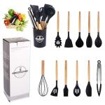 Kitchen Utensil Set 12 PCS Silicone Cooking Utensils Set with Wooden Handle Non-Stick Cooking Spoons Utensil Sets Silicone Kitchen Utensils Set Heat Resistant Kitchen Tools Heat Resistant Set (Black)