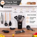 Kitchen Non Stick Cooking Utensils Set – Heat Resistant Silicone Utensils with Wooden Handle – Ladles, Spoons and Spatulas Set – Kitchen Tools & Accessories – 35pcs, Black – by Nuovva