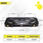 Zuvo 2000W Stainless Steel Double Hot Plate Ring Stove Hob - Portable & with Adjustable Thermostat - Cast Iron Heating Plate Black 25.8