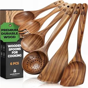 Wooden Utensil Set - 6 Pcs Teak Wooden Spoon Kitchen Utensils Set - Cooking, Mixing, Serving, Slotted Spoons, Salad Fork, Cooking Spatula, Non-Stick & Heat Resistant Kitchen Accessories