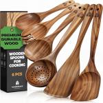 Wooden Utensil Set - 6 Pcs Teak Wooden Spoon Kitchen Utensils Set - Cooking, Mixing, Serving, Slotted Spoons, Salad Fork, Cooking Spatula, Non-Stick & Heat Resistant Kitchen Accessories