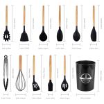 Kitchen Utensil Set 12 PCS Silicone Cooking Utensils Set with Wooden Handle Non-Stick Cooking Spoons Utensil Sets Silicone Kitchen Utensils Set Heat Resistant Kitchen Tools Heat Resistant Set (Black)