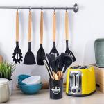 Kitchen Utensil Set 12 PCS Silicone Cooking Utensils Set with Wooden Handle Non-Stick Cooking Spoons Utensil Sets Silicone Kitchen Utensils Set Heat Resistant Kitchen Tools Heat Resistant Set (Black)