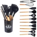 Kitchen Utensil Set 12 PCS Silicone Cooking Utensils Set with Wooden Handle Non-Stick Cooking Spoons Utensil Sets Silicone Kitchen Utensils Set Heat Resistant Kitchen Tools Heat Resistant Set (Black)