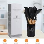 Kitchen Utensil Set, hicoosee 22 Pieces Silicone Cooking Utensils Set, Natural Wooden Handles Cooking Tool BPA Free Non Toxic Non Stick Heat Resistant Silicone Kitchen Gadgets Utensil Set, Black