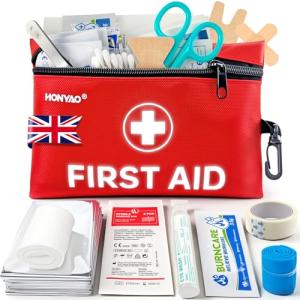HONYAO First Aid Kit, 105 Pieces Small First Aid Kit, Includes Plasters, Emergency Foil Blanket, Burn Gel for Travel Car Home Workplace Kids Camping Hiking Motorbike Holiday, Red