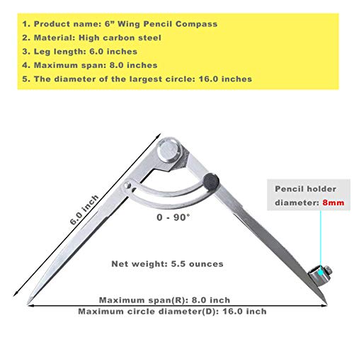 ZLKSKER 6/8/10 inch Professional Woodworking Compass with Pencil Holder & Lockable Wing, Geometry & Drafting Compass for Carpenter (6 inch)